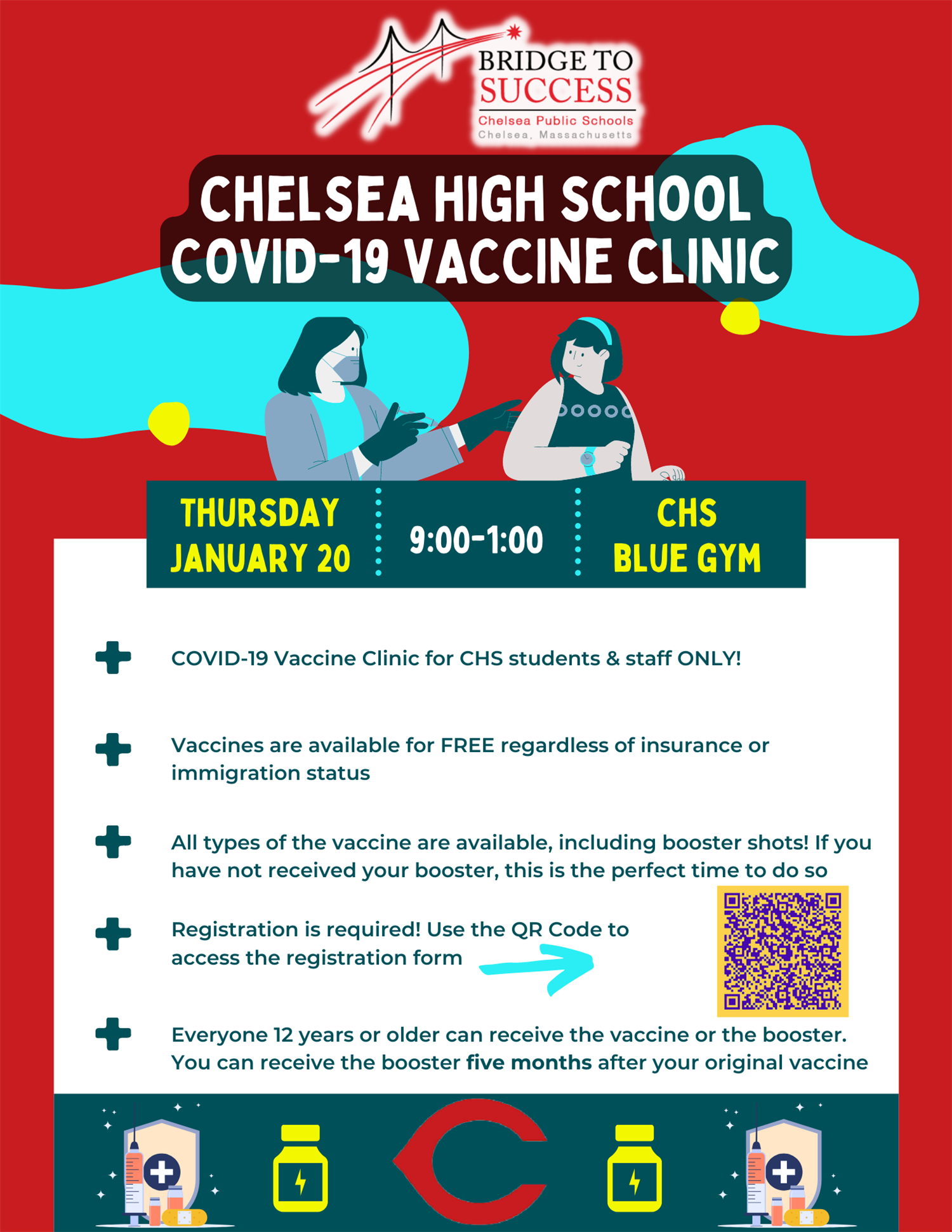 Flyer for Vaccination Clinic at Chelsea High School on Thursday, January 20