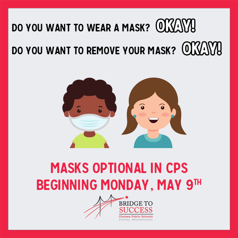 Image describing that wearing masks in Chelsea will be optional beginning on Monday, May 9. Image describing that wearing masks in Chelsea will be optional beginning on Monday, May 9.