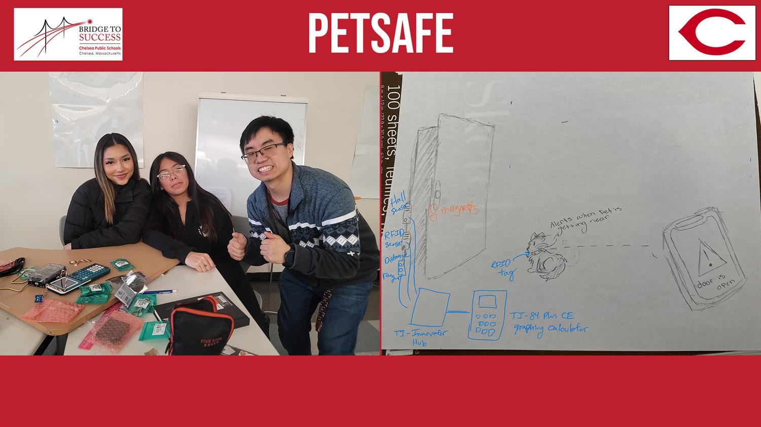 CHS' PetSafe Design Team of Tatiana Palacios (grade 12) and Nicole Lobo Jimenez (grade 12)  alongside teacher Mr. Moriah Lim