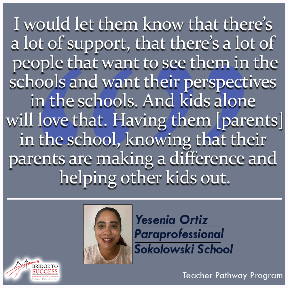 A graphic with a pull quote from Yesenia Ortiz, a paraprofessional at the Sokolowski School