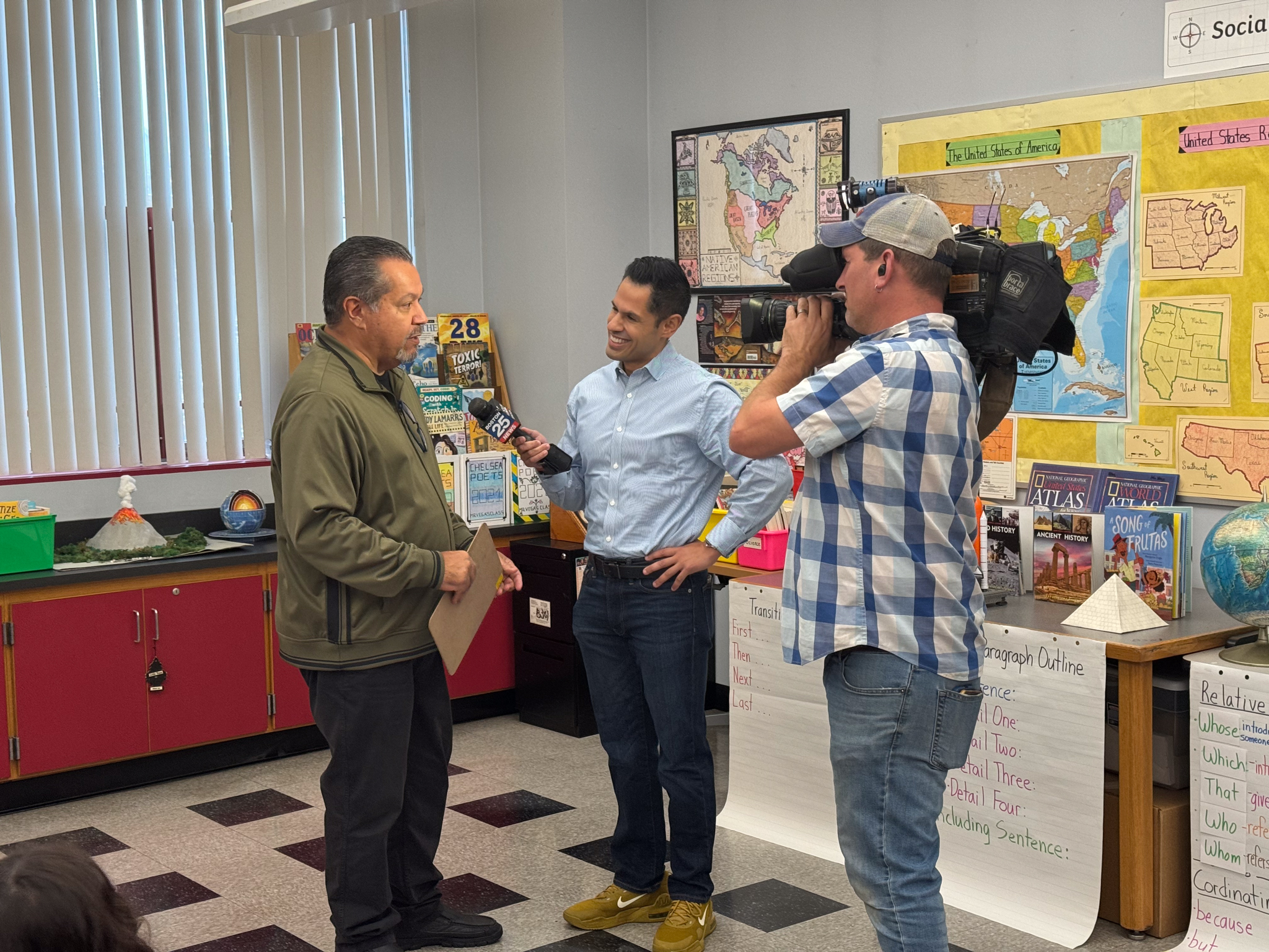 Mr. Samuel Vega speaking with Boston 25 News in his fourth grade classroom