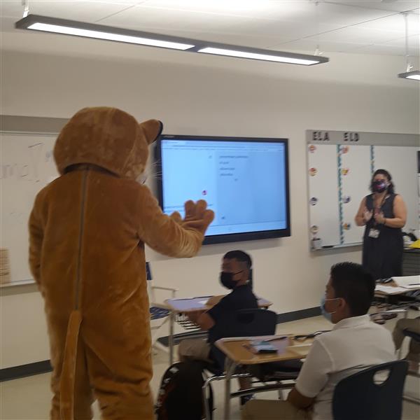 Cam the Cougar met with students in classrooms on the first day of school at the Clark Middle School.