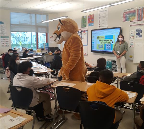 Cam the Cougar met with students in classrooms on the first day of school at the Clark Middle School.