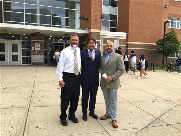 From left to right, Principal Mark Martineau, Equity and Diversity Officer Dr. Aaron T. Jennings and Assistant Superintendent Michael Lovato welcomed students back to Chelsea High School.