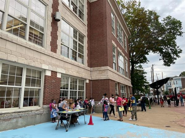 Students gathered at the Early Learning Center on the first day of school. 