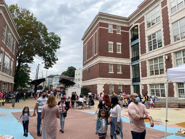 Students gathered at the Early Learning Center on the first day of school. 