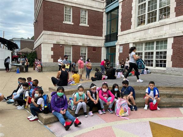 Students gathered at the Early Learning Center on the first day of school. 