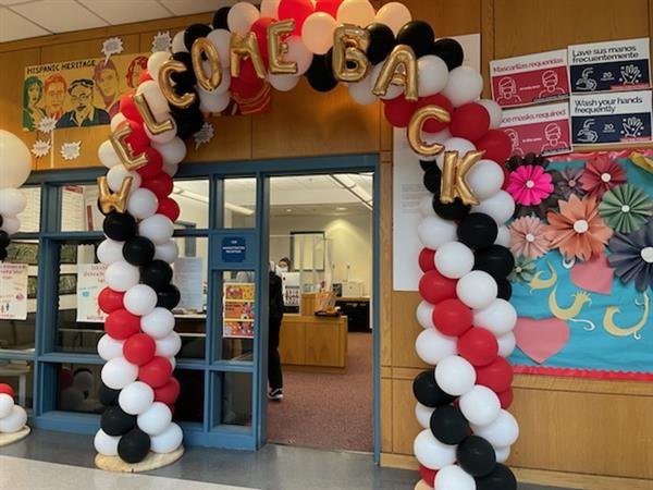 A balloon display welcomed students back to the main office at Chelsea High School. 