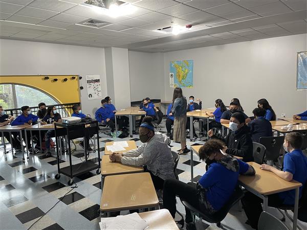 A teacher in the Browne Middle School spoke to her class on the first day of school.