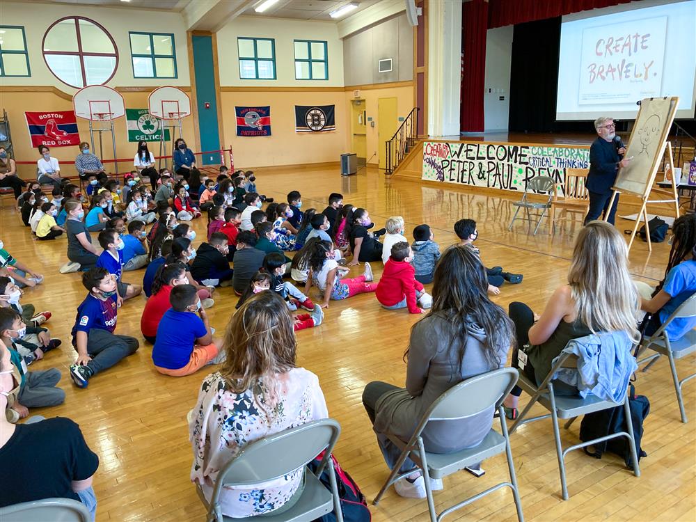 Students at the ELC listen to Peter Reynolds present on Friday.