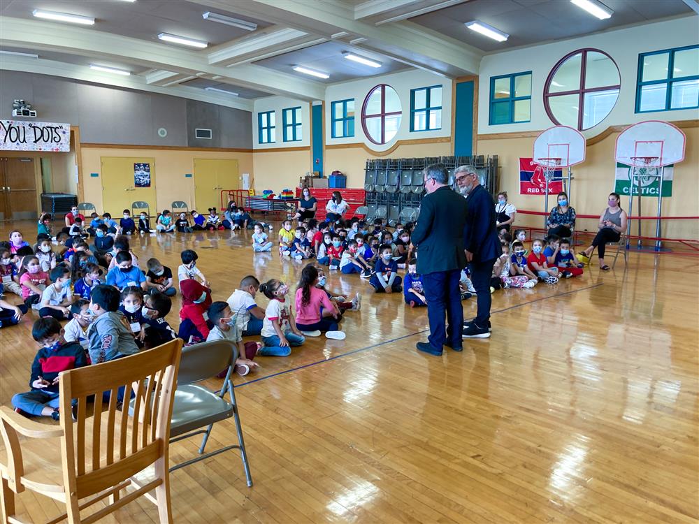 Students at the ELC listen to Peter Reynolds present on Friday.