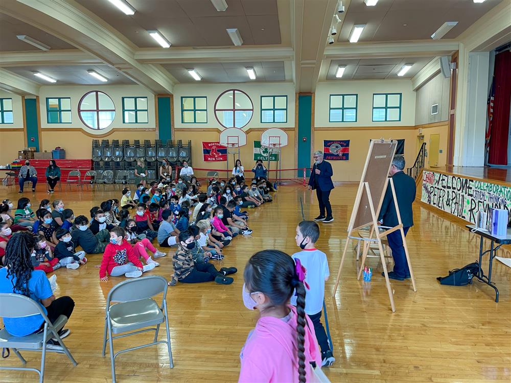Students at the ELC listen to Peter Reynolds present on Friday.