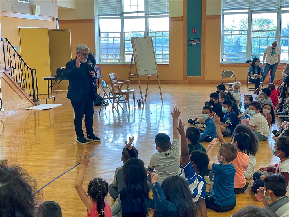 Students at the ELC listen to Peter Reynolds present on Friday.
