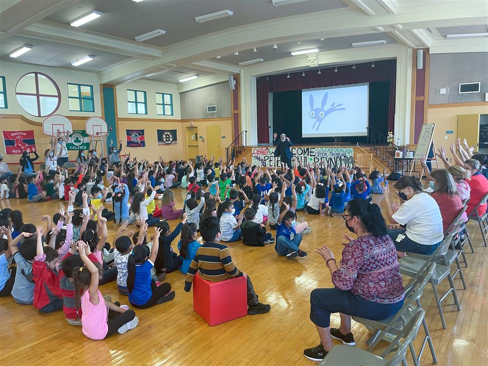 Students at the ELC listen to Peter Reynolds present on Friday.