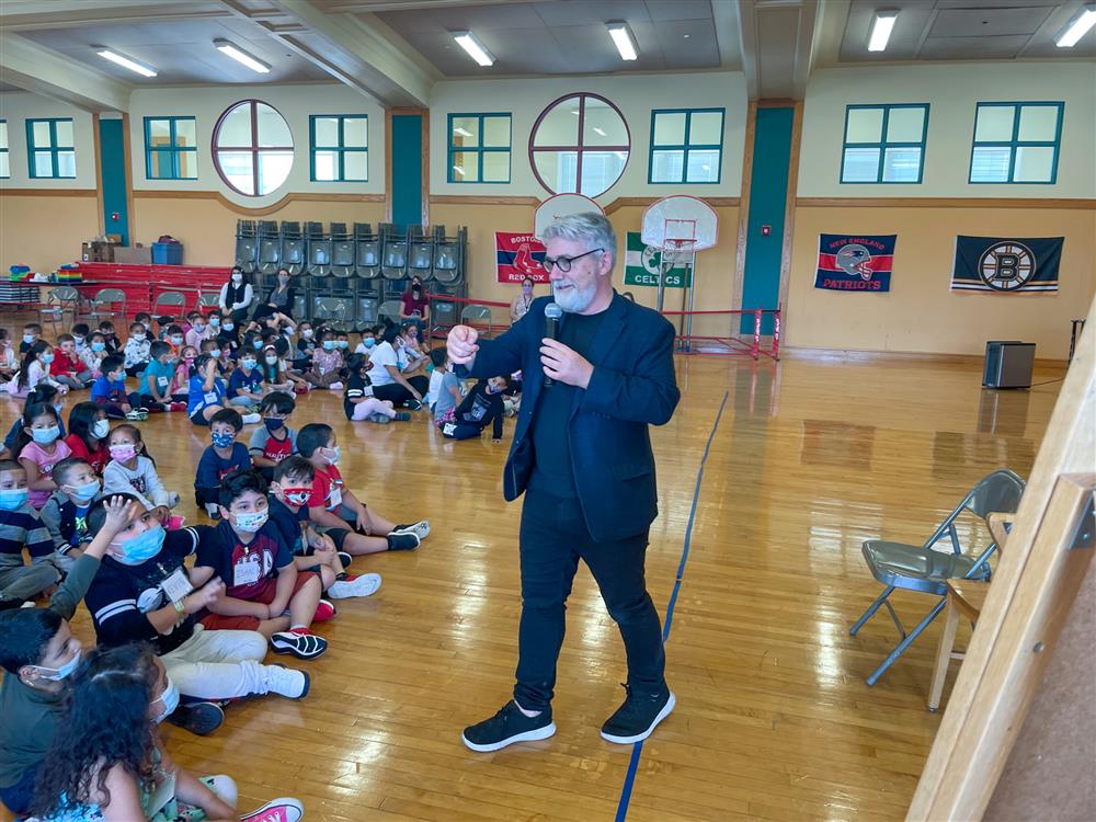 Students at the ELC listen to Peter Reynolds present on Friday.