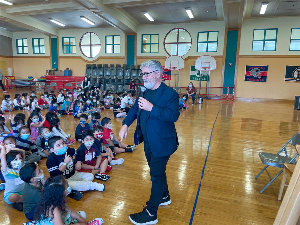 Students at the ELC listen to Peter Reynolds present on Friday.