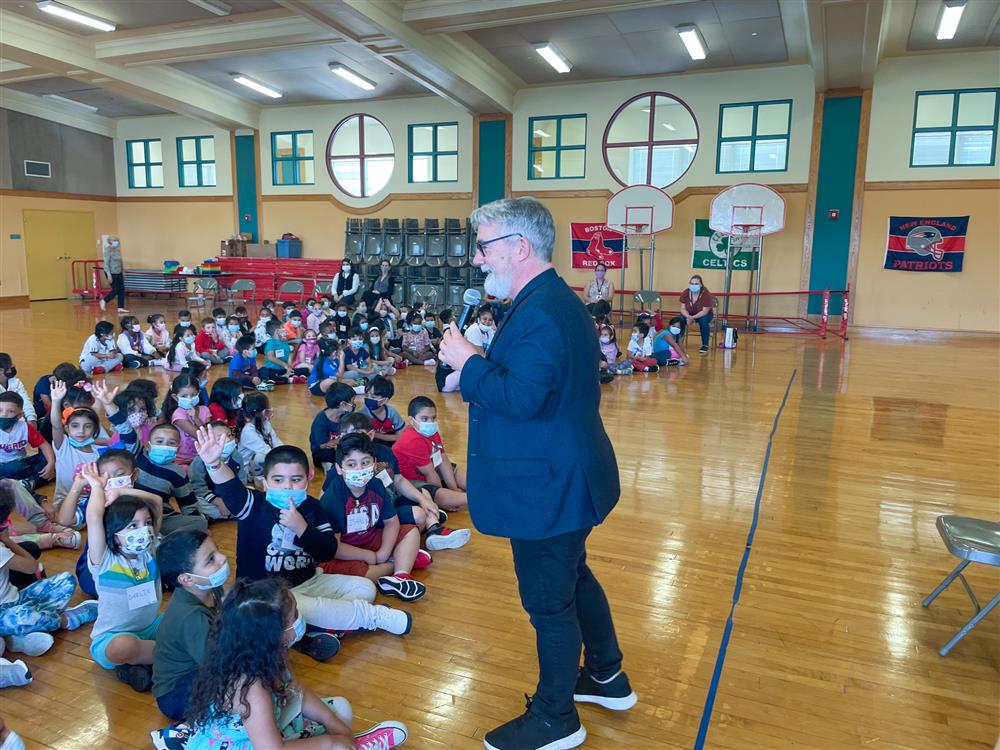 Students at the ELC listen to Peter Reynolds present on Friday.