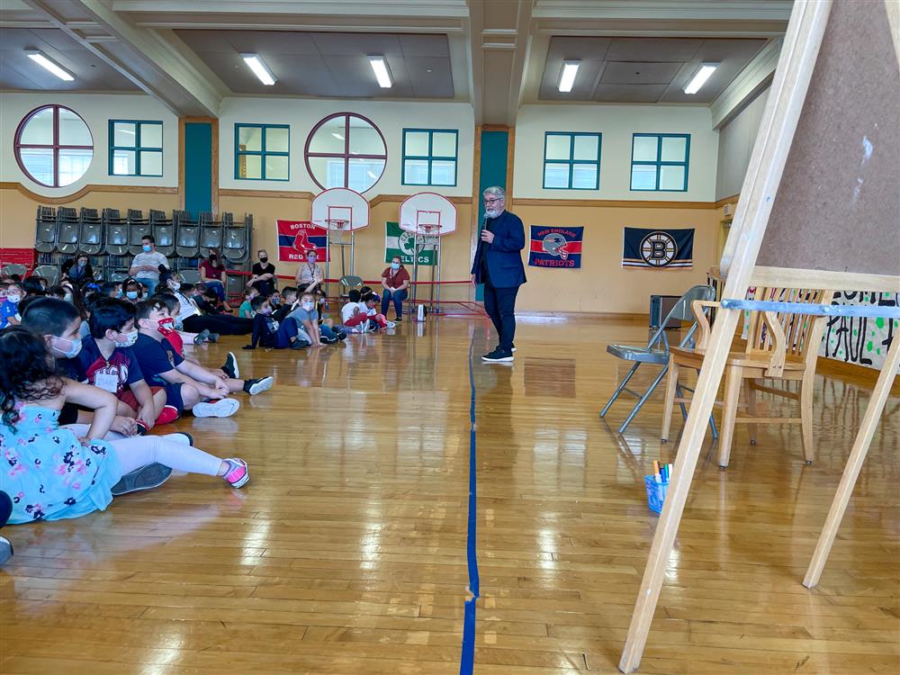 Students at the ELC listen to Peter Reynolds present on Friday.