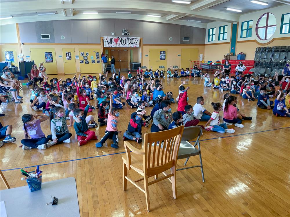 Students at the ELC listen to Peter Reynolds present on Friday.